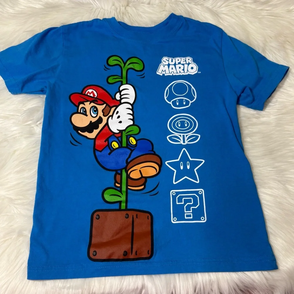 Nintendo Super Mario Youth Boy Size 7 Blue Graphic Short Sleeve Shirt